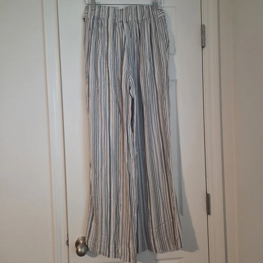 Banana Republic Striped Wide Leg Pants Women's 6 Linen Blend Tie Waist boho-chic